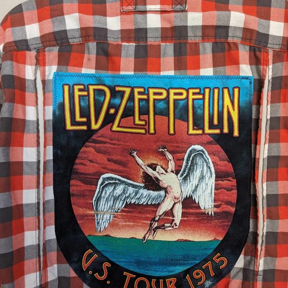 Led Zeppelin Music Band Custom Orange Plaid Flannel Button Down Shirt Large Tall - Picture 2 of 7